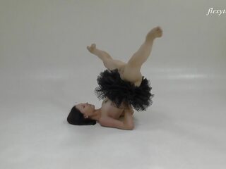 Russian brunette acrobat stretching her flirty long legs