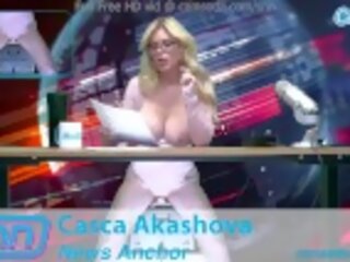 Prime Big Tits honey rides the sybian while reading news stories