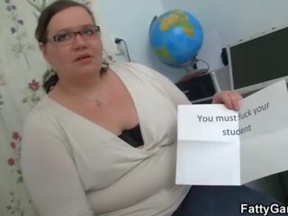 Plump teacher seduces student into sex film